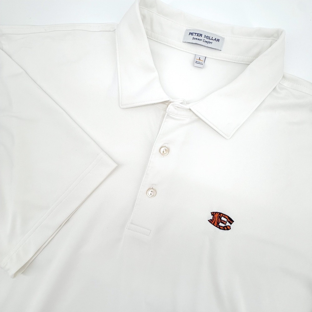 Peter Millar Summer Comfort Mens Large White Tiger Stripe E Logo Polo Golf Cool